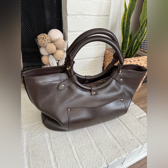 JIMMY CHOO Tahula Dark Brown Leather Gold Hardware Satchel Shoulder Bag Tote - Picture 9 of 16